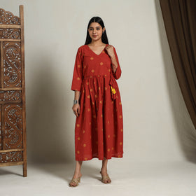 Buy Flared Cotton Angrakha Red Jacquard Dress Online