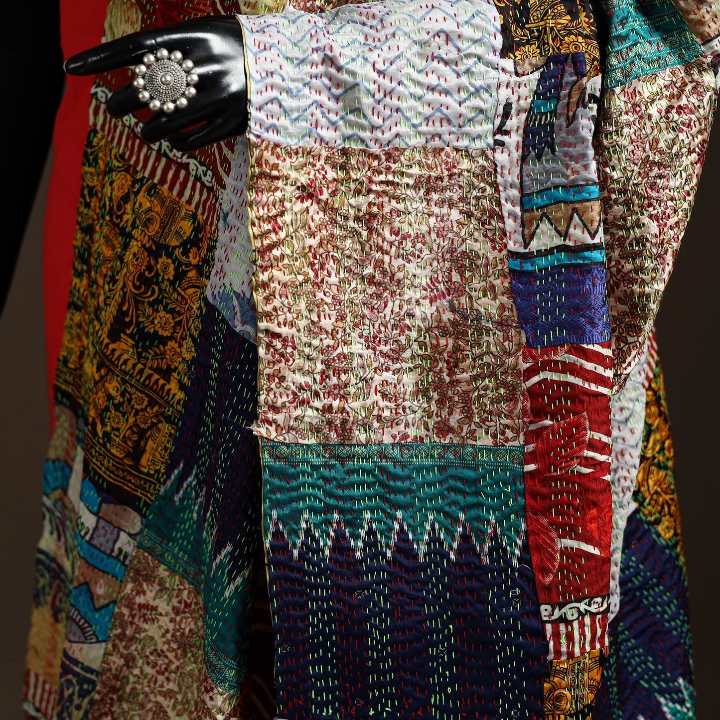 Bengal Hand Embroidery Patchwork Reversible Silk Kantha Dupatta 44