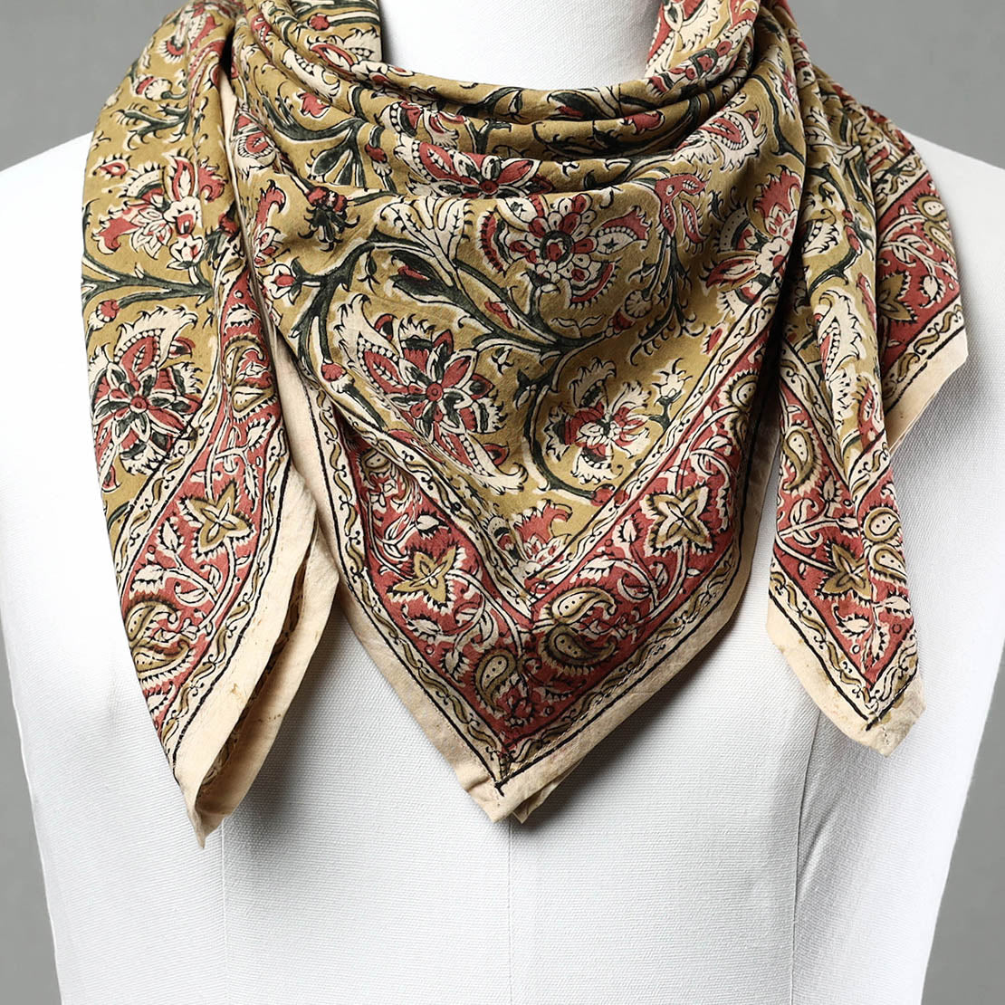 Yellow - Pedana Kalamkari Block Printed Natural Dyed Cotton Scarf 25