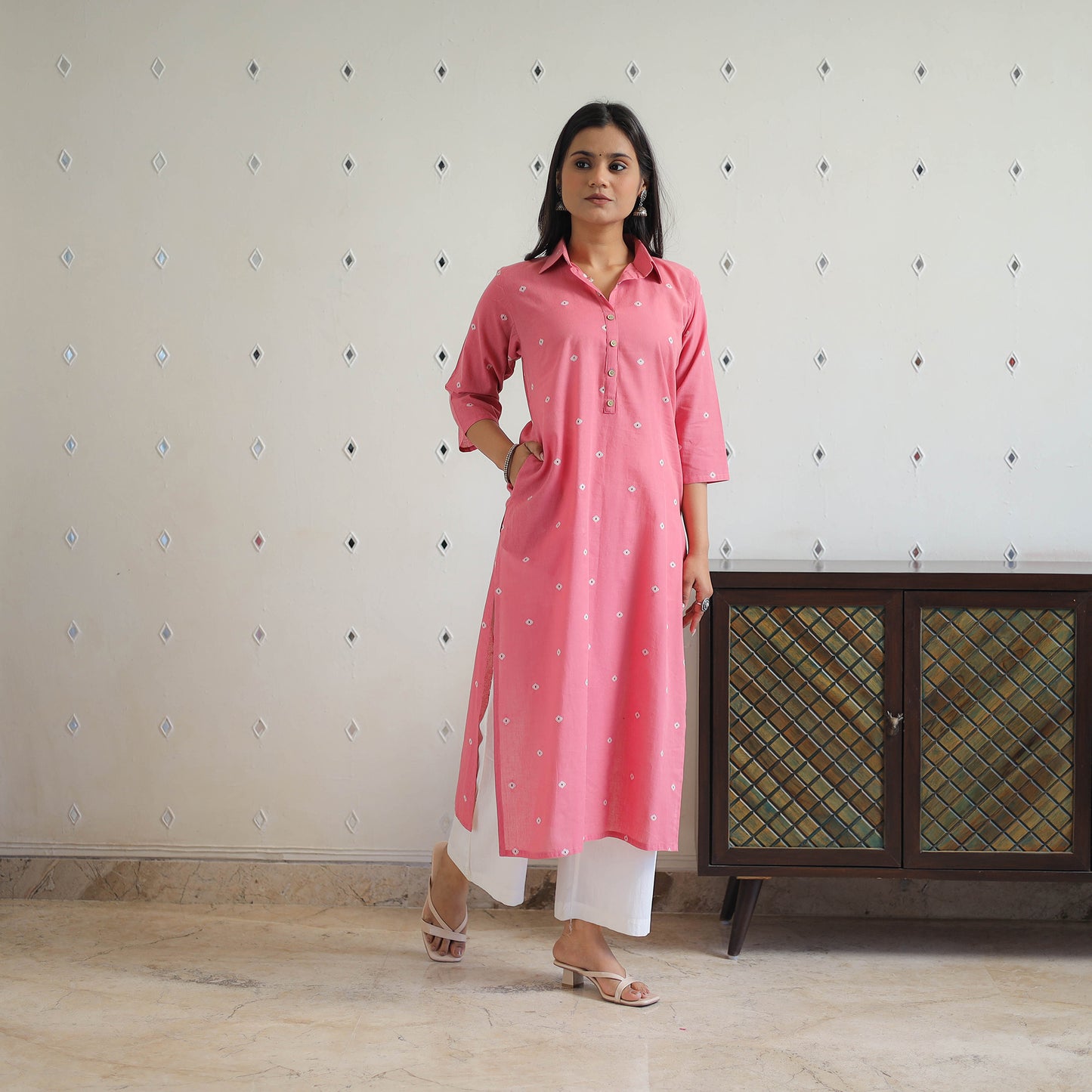 Pink - Pure Cotton Straight Jacquard Kurta 14