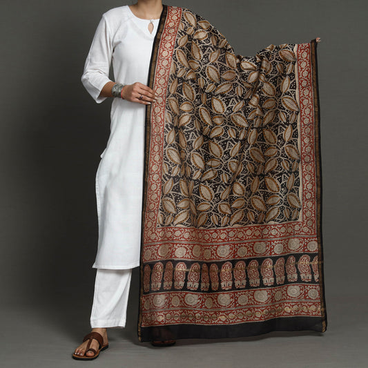 Brown - Bagru Kalamkari Block Printed Chanderi Silk Handloom Dupatta with Zari Border