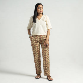 Beige - Kalamkari Block Printed Cotton Elasticated Pant