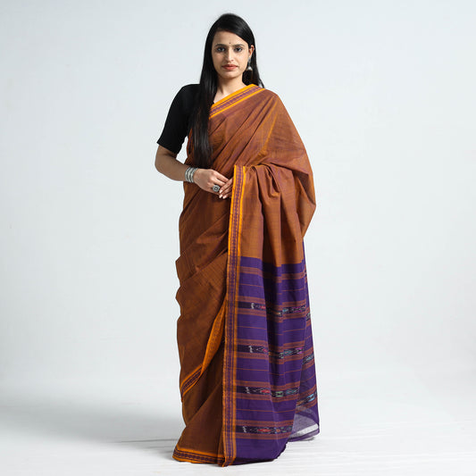 Brown - Traditional Challapalli Handloom Cotton Saree with Thread Border