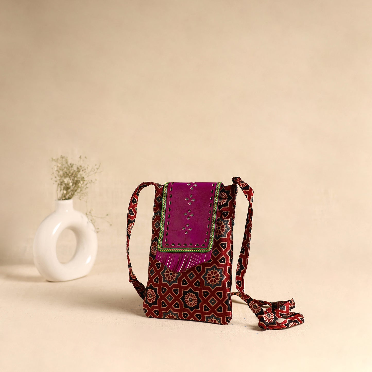 Traditional Kutch Mashru Silk Leather Flap Sling Bag 63