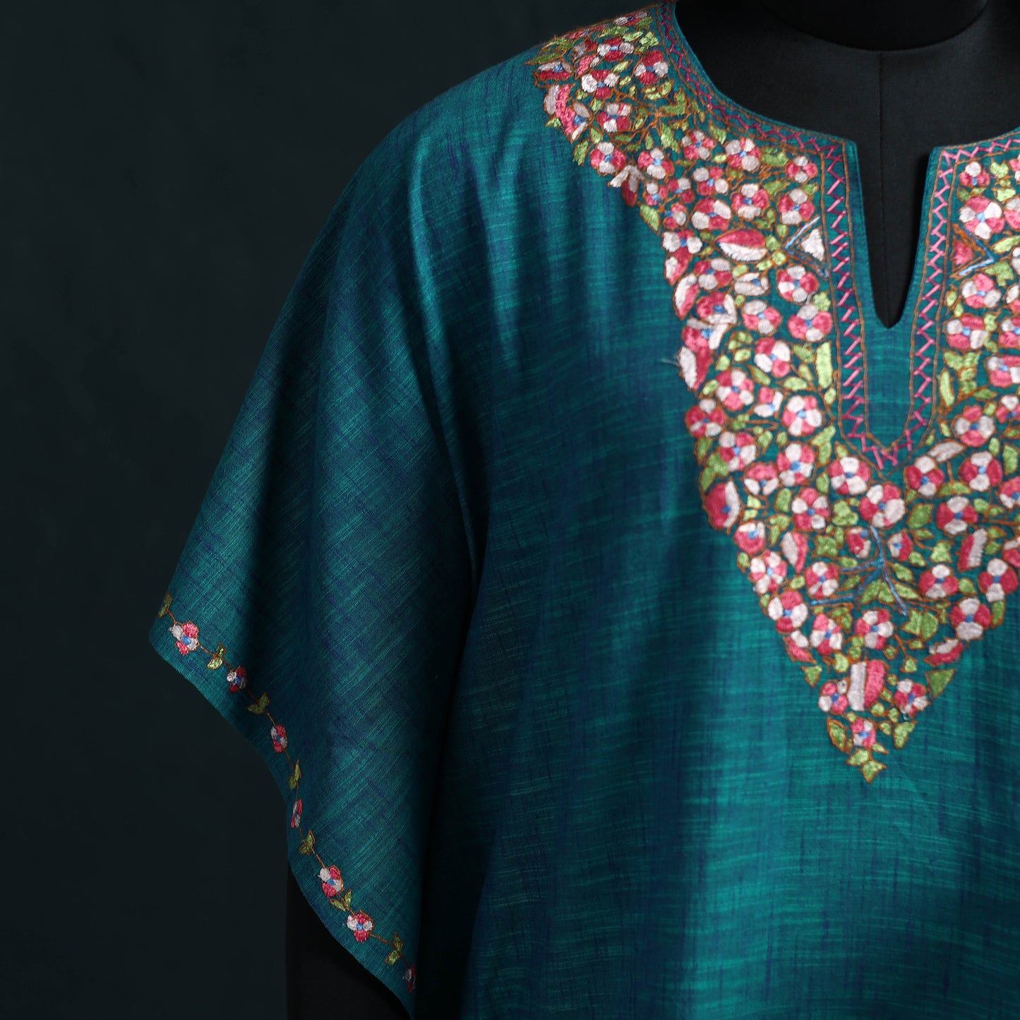 Blue - Kashmiri Kashida Hand Embroidered Cotton Kaftan (Medium) 16
