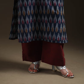 Blue - Pochampally Ikat Cotton Long Kurta with Palazzo & Dupatta Suit Set for Women 07