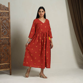 Buy Flared Cotton Angrakha Red Jacquard Dress Online