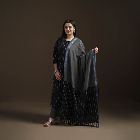 Black - Pochampally Ikat Cotton Long Kurta with Palazzo & Dupatta Suit Set for Women 10