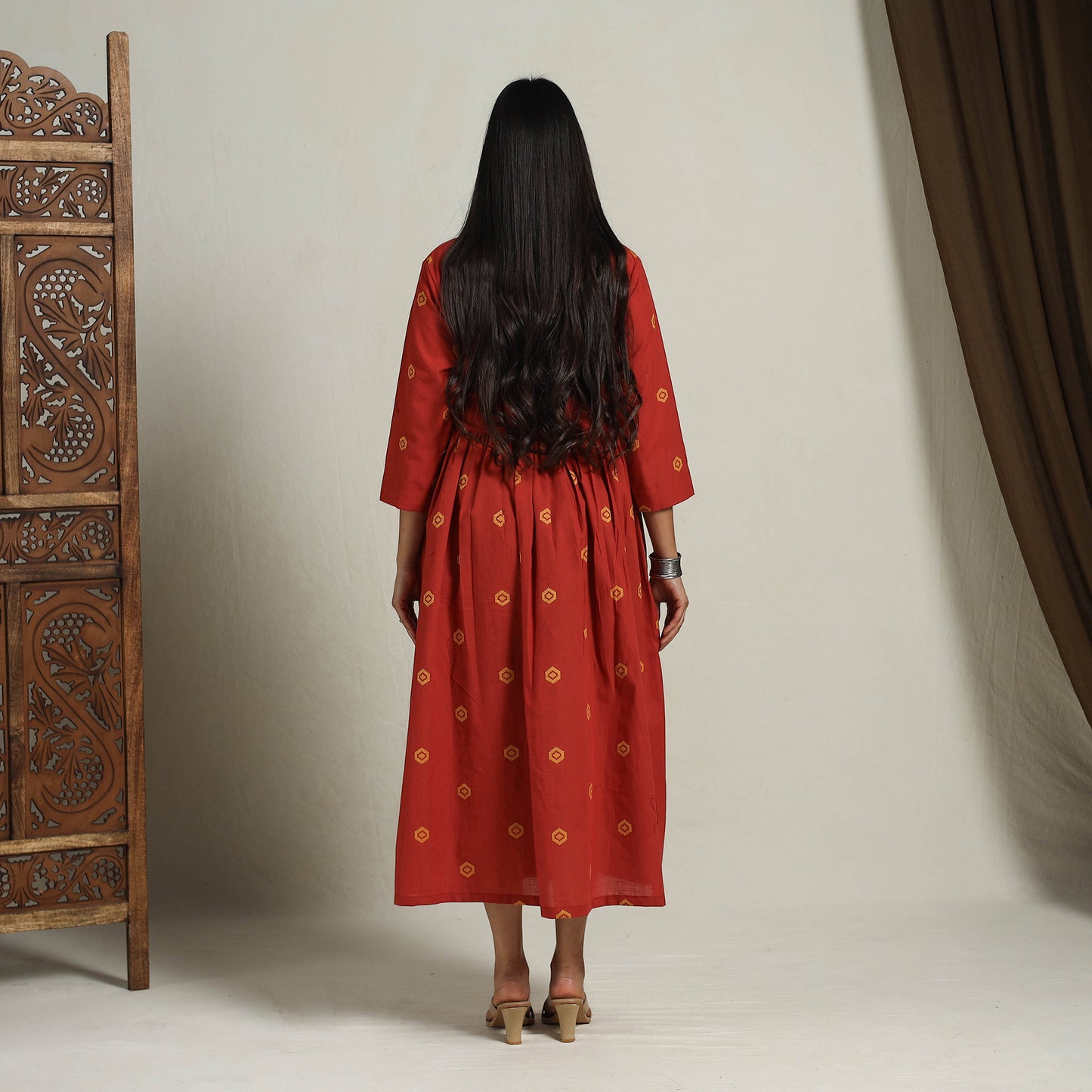 Buy Flared Cotton Angrakha Red Jacquard Dress Online