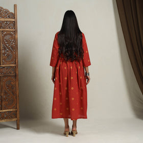 Buy Flared Cotton Angrakha Red Jacquard Dress Online