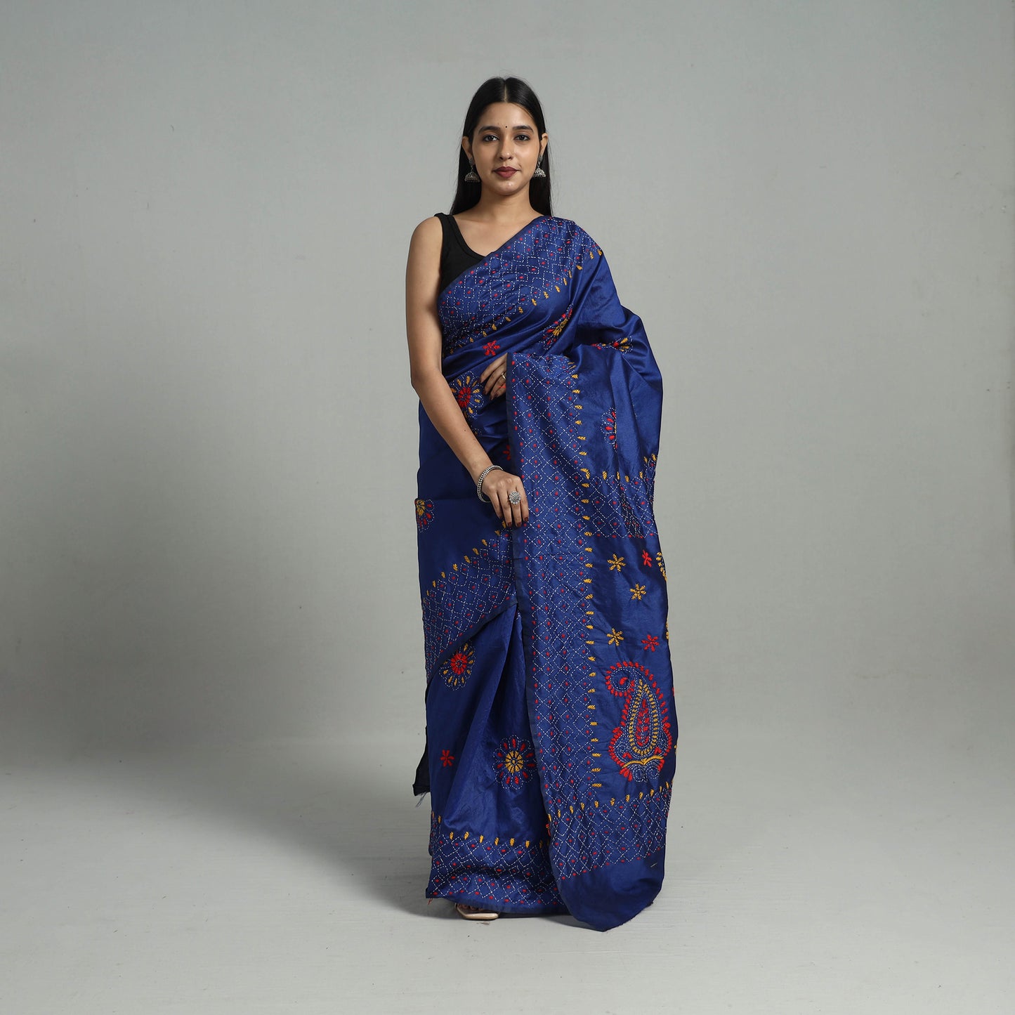 Blue - Handcrafted Bengal Nakshi Kantha Work Silk Saree 26