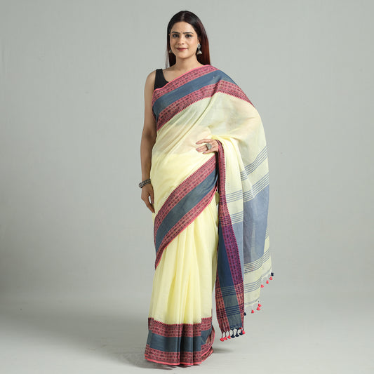 Yellow - Bengal Woven Border Handloom Pure Cotton Saree 38