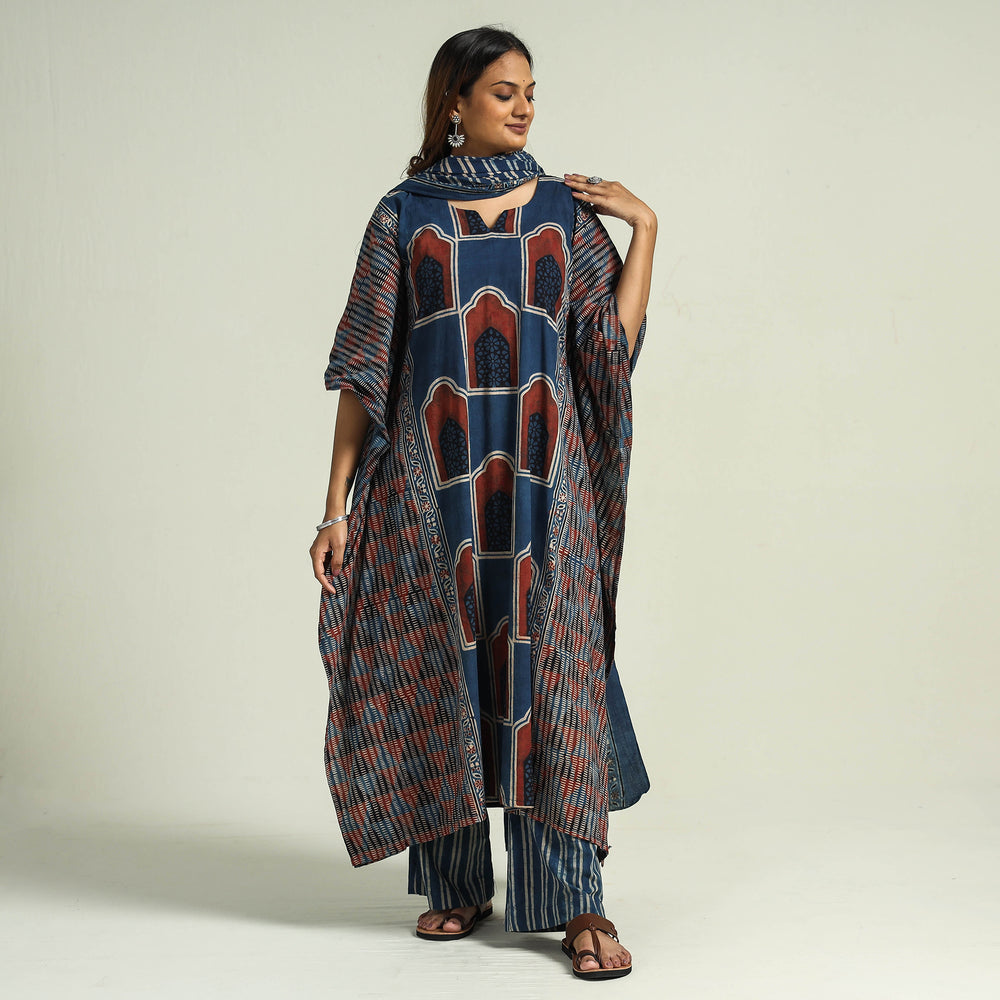  Ajrakh Kaftan with Palazzo & Dupatta Set
