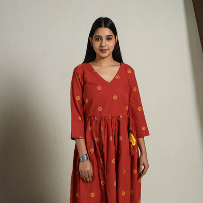 Buy Flared Cotton Angrakha Red Jacquard Dress Online