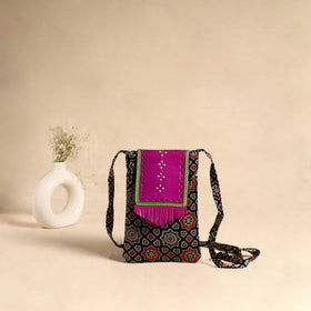 Traditional Kutch Mashru Silk Leather Flap Sling Bag 64