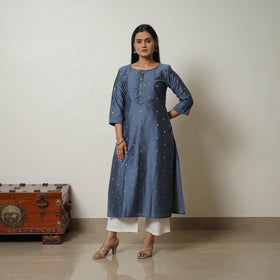 Blue - Polka Zari Butta Spun Dupion Silk Straight Plain Kurta 13
