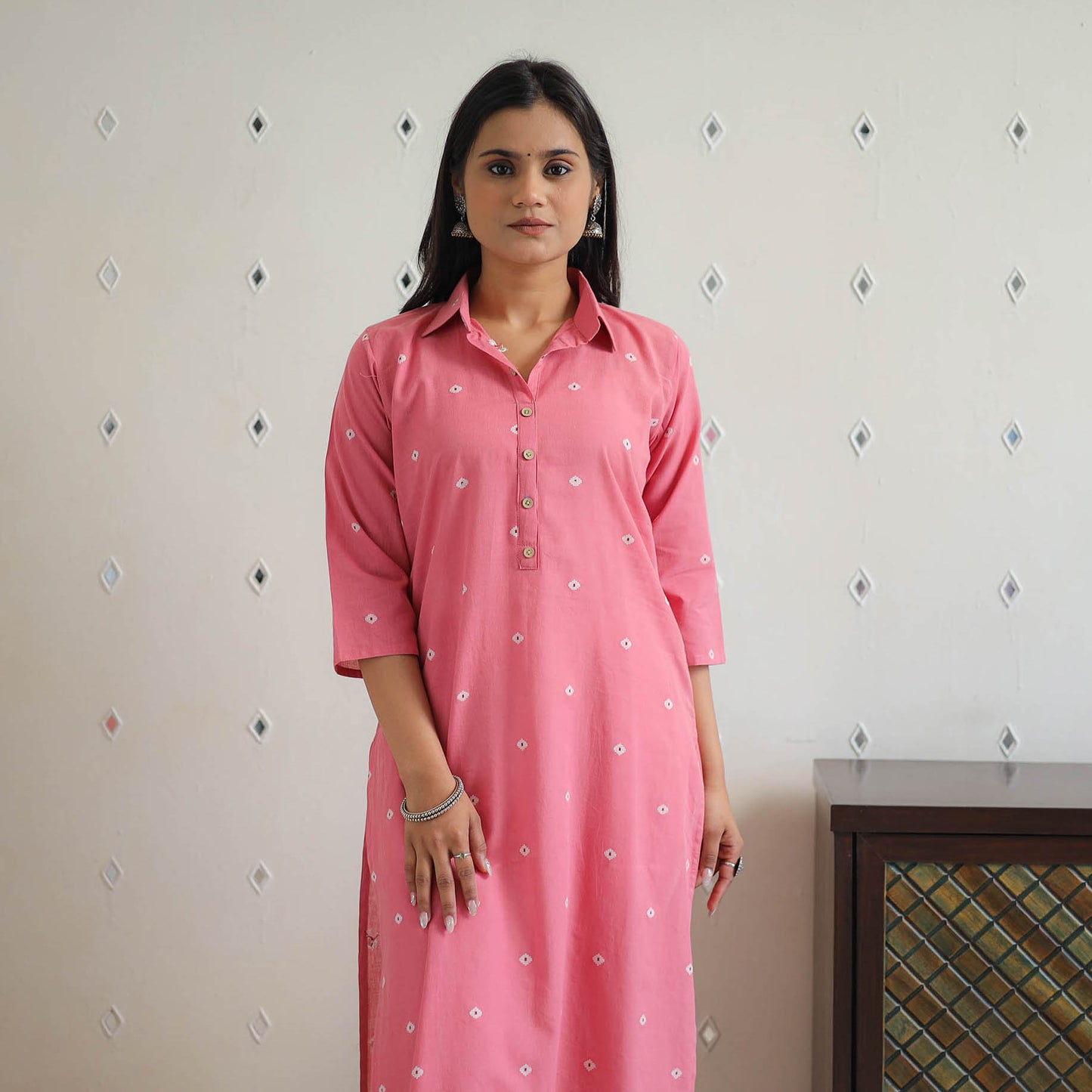 Pink - Pure Cotton Straight Jacquard Kurta 14