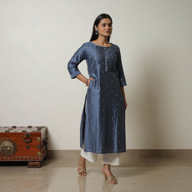 Blue - Polka Zari Butta Spun Dupion Silk Straight Plain Kurta 13