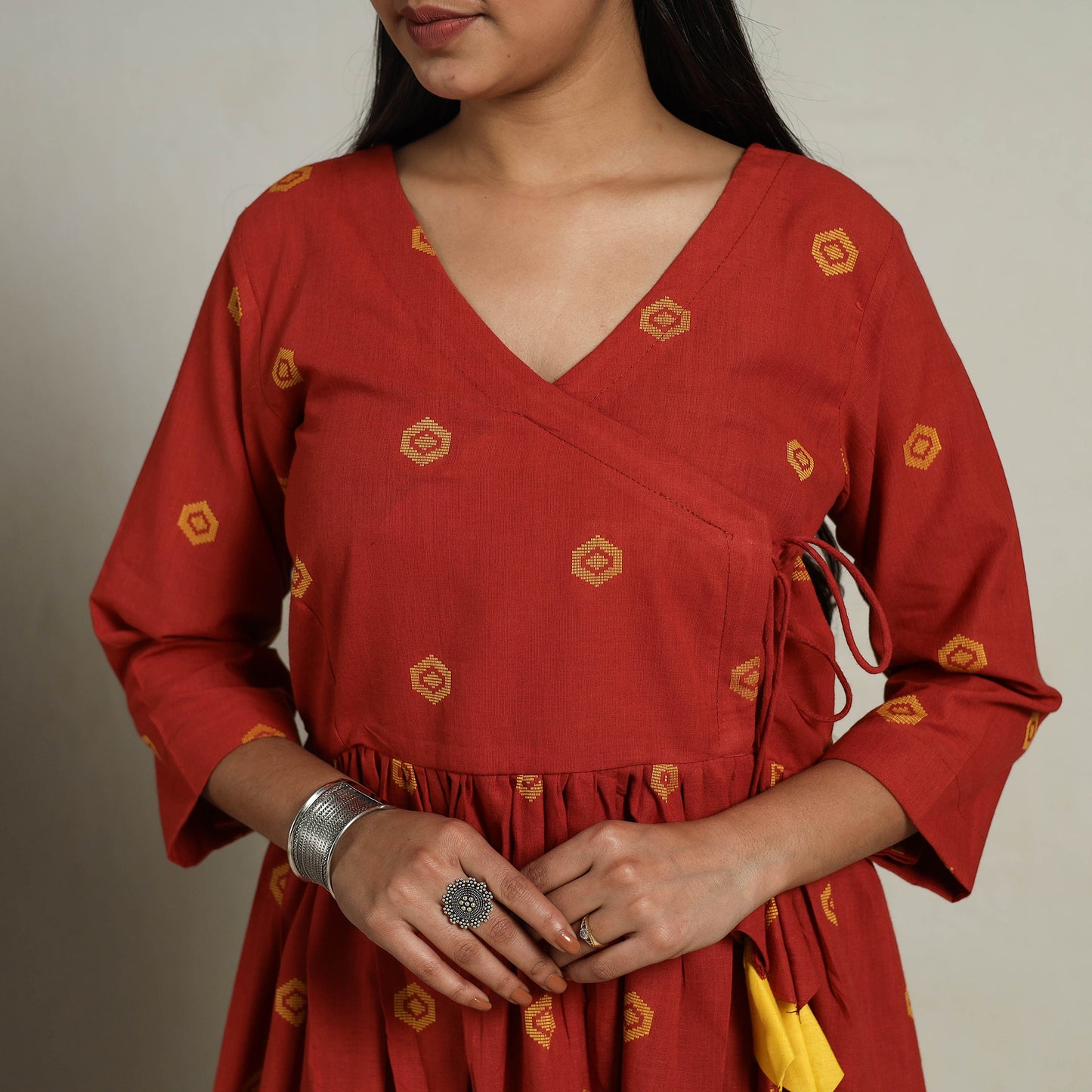 Buy Flared Cotton Angrakha Red Jacquard Dress Online