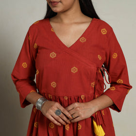 Buy Flared Cotton Angrakha Red Jacquard Dress Online