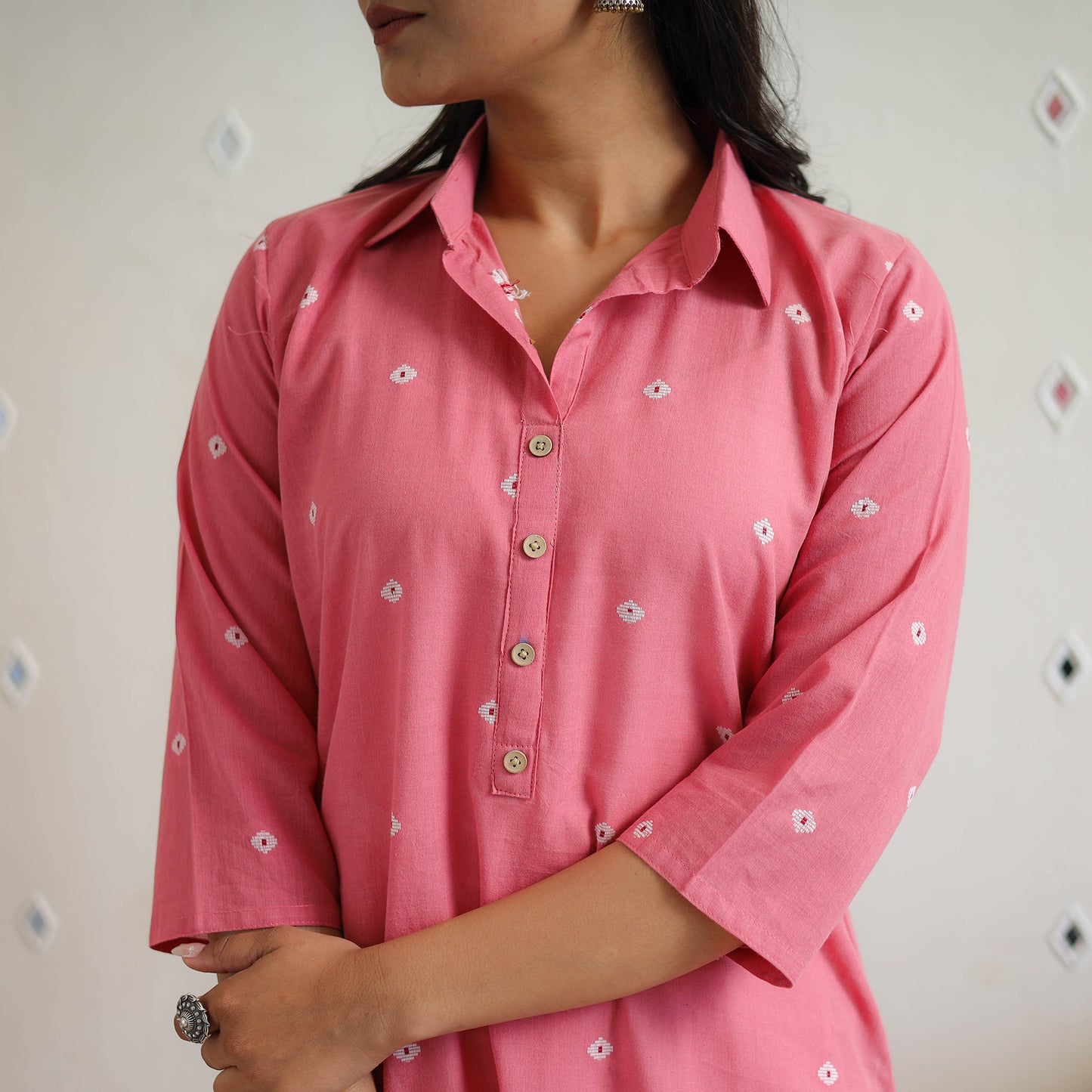 Pink - Pure Cotton Straight Jacquard Kurta 14
