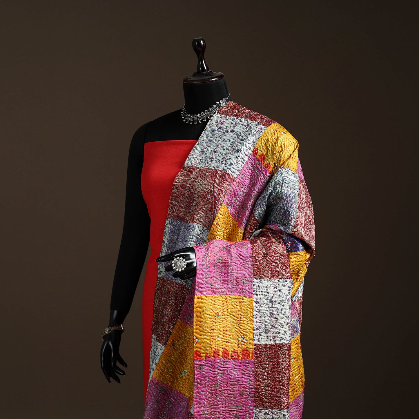 Bengal Hand Embroidery Patchwork Reversible Silk Kantha Dupatta 45