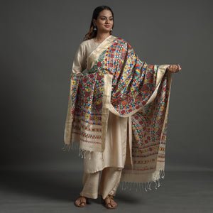 Multicolor - Madhubani Handpainted Tussar Cotton Handloom Zari Border Dupatta with Tassels 20