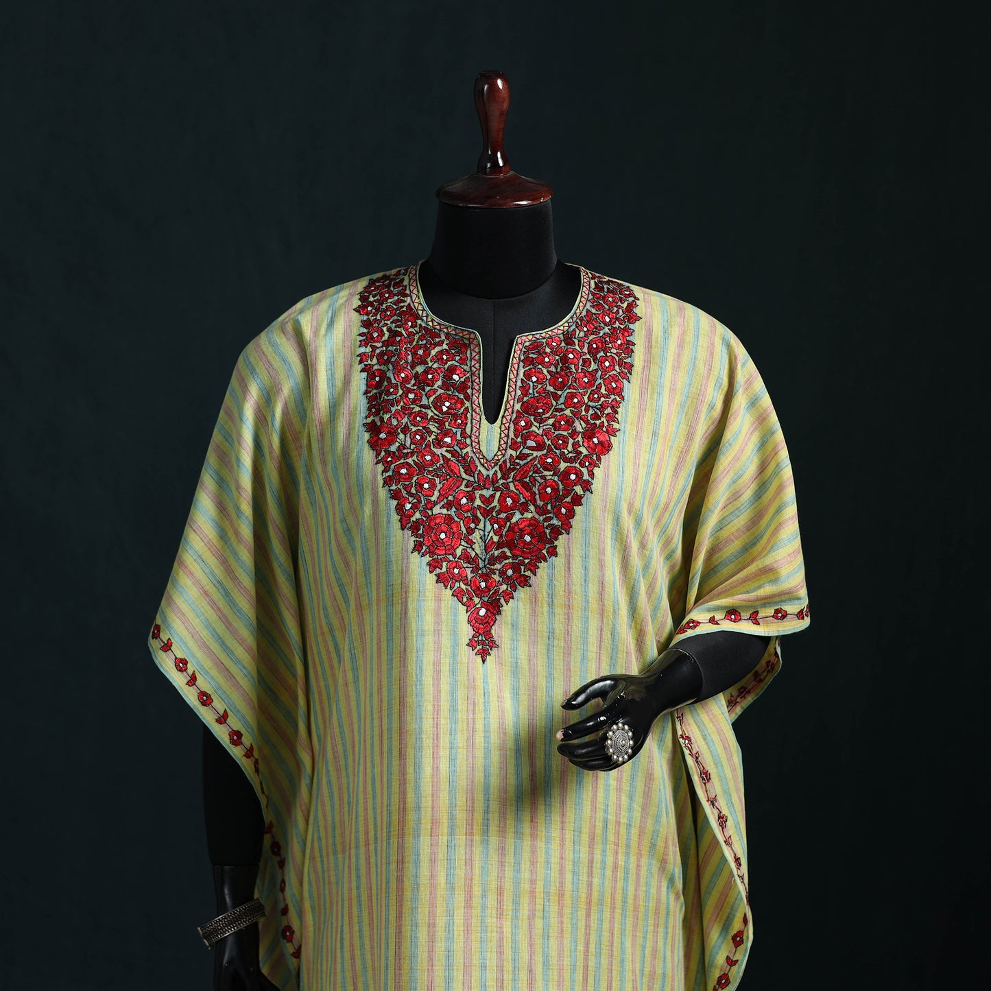 Yellow - Kashmiri Kashida Hand Embroidered Cotton Kaftan (Medium) 01