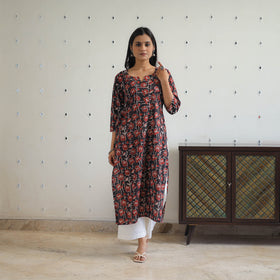 Red Block Printed Cotton Gota Work Long Bagru Kurta