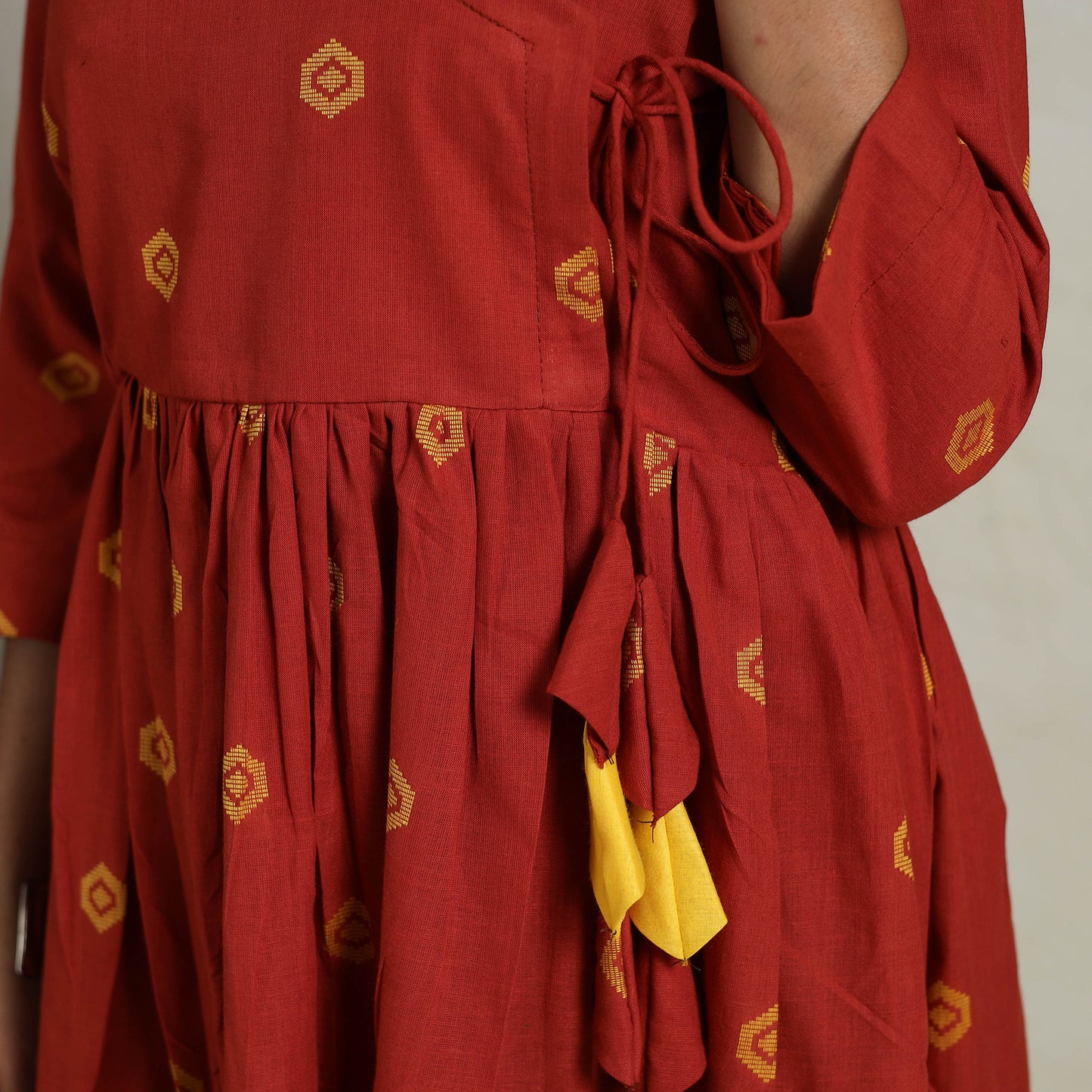 Buy Flared Cotton Angrakha Red Jacquard Dress Online