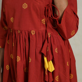 Buy Flared Cotton Angrakha Red Jacquard Dress Online
