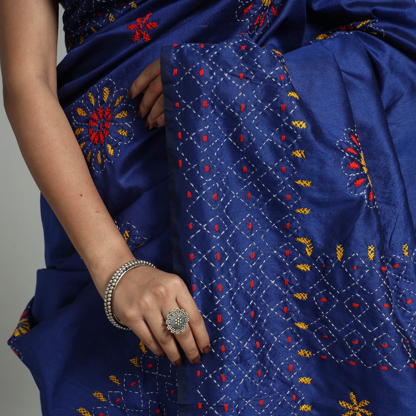 Blue - Handcrafted Bengal Nakshi Kantha Work Silk Saree 26