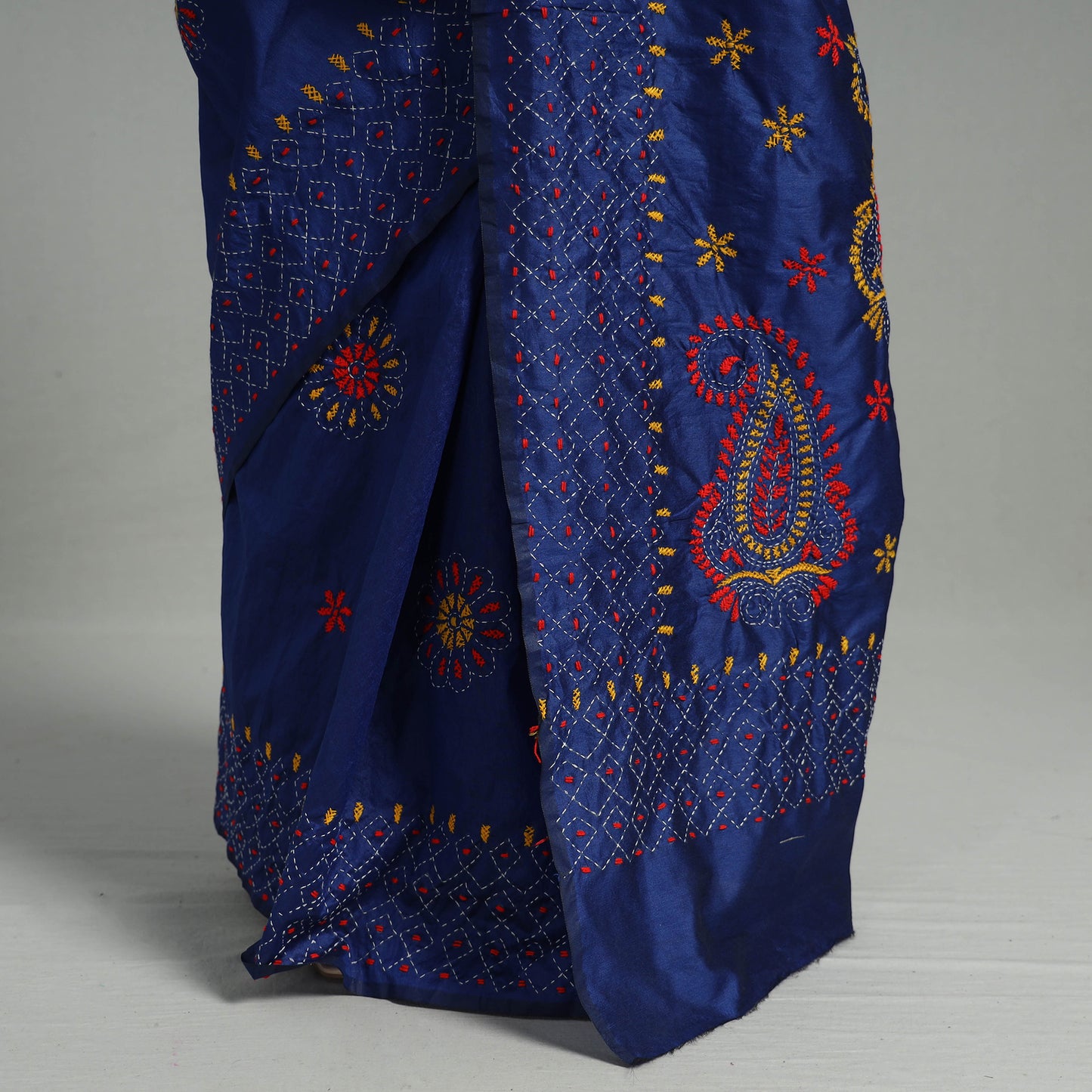 Blue - Handcrafted Bengal Nakshi Kantha Work Silk Saree 26