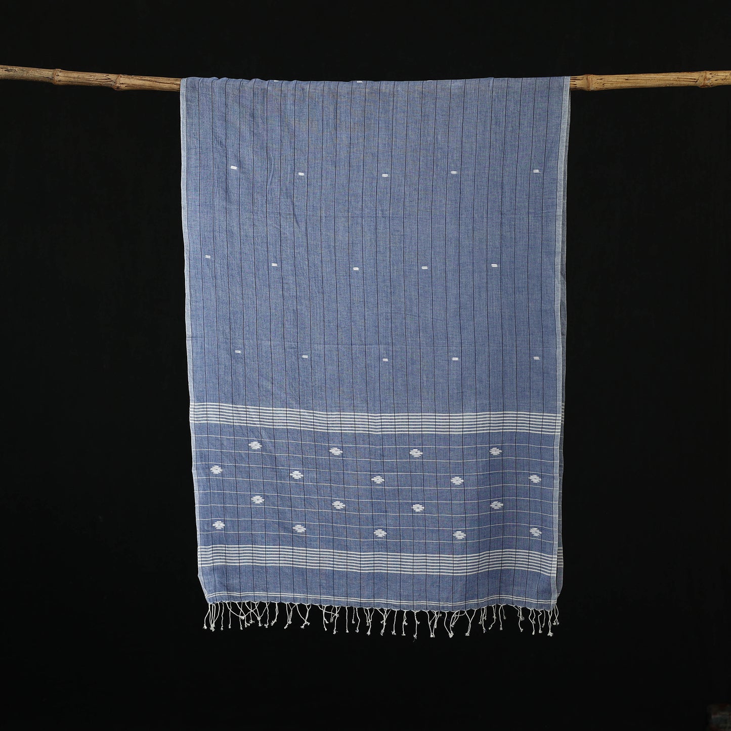Blue - Burdwan Jamdani Handloom Cotton Stole with Tassels 01