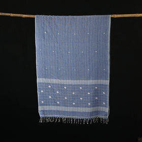 Blue - Burdwan Jamdani Handloom Cotton Stole with Tassels 01