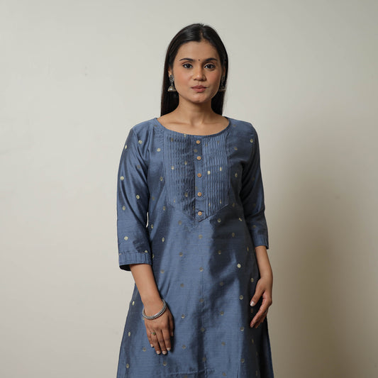 Blue - Polka Zari Butta Spun Dupion Silk Straight Plain Kurta 13