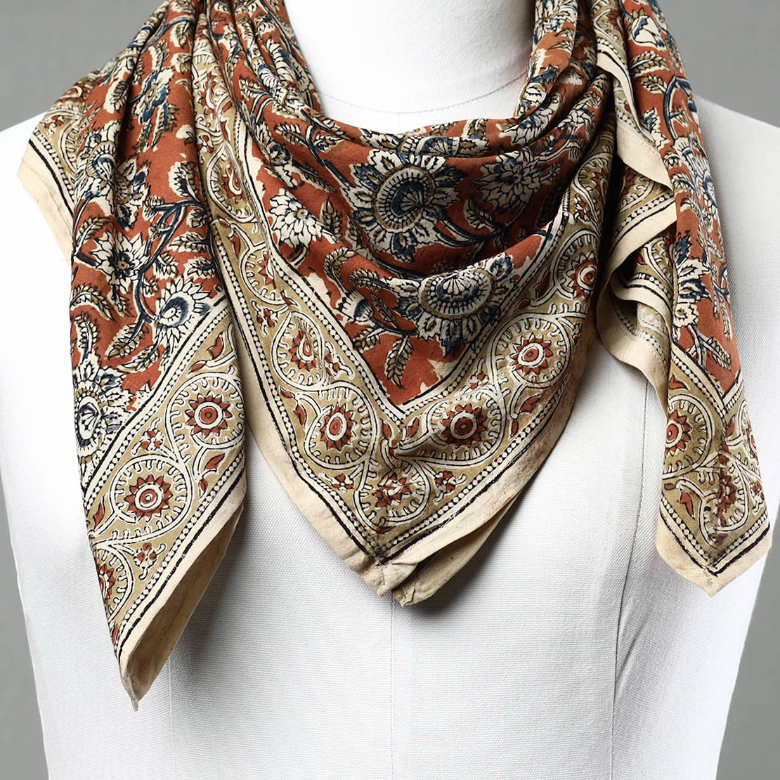 Orange - Pedana Kalamkari Block Printed Natural Dyed Cotton Scarf 30