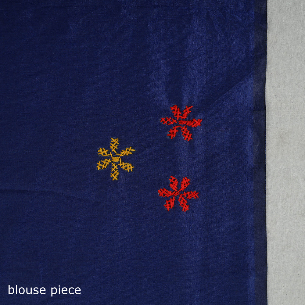 Blue - Handcrafted Bengal Nakshi Kantha Work Silk Saree 26