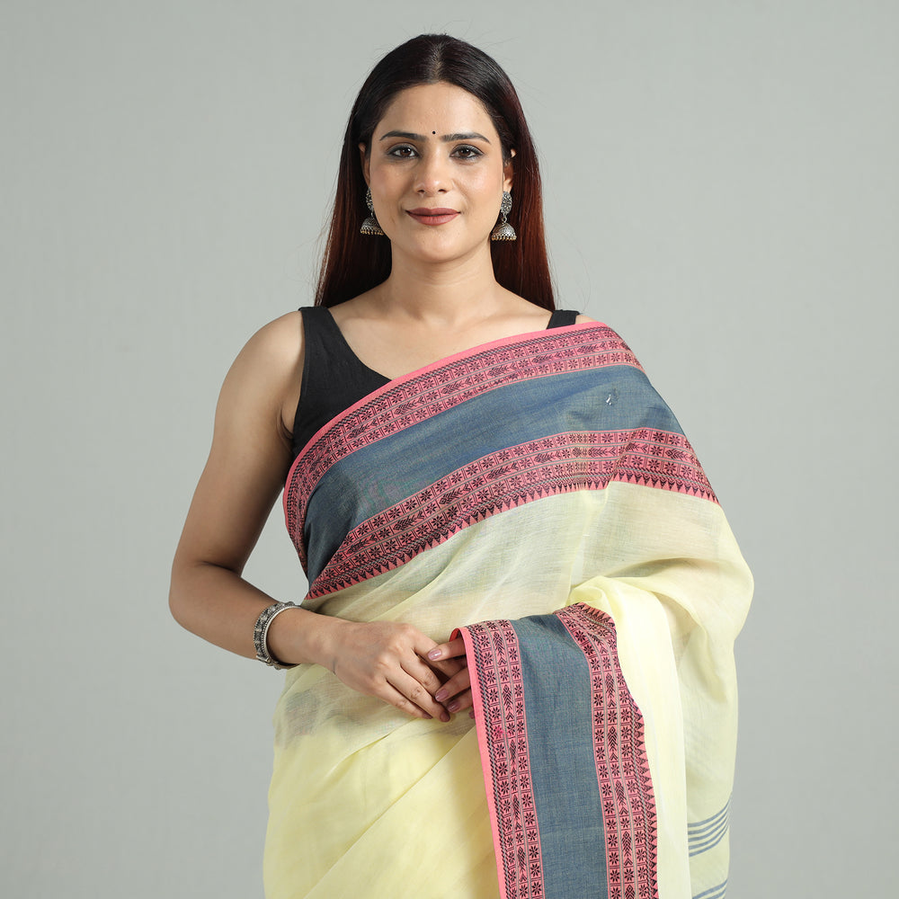 Yellow - Bengal Woven Border Handloom Pure Cotton Saree 38