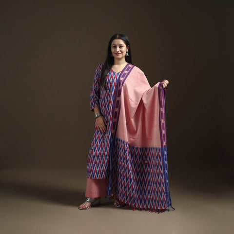 Pochampally Ikat Cotton Long Kurta with Palazzo & Dupatta Suit Set for Women 13