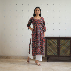 Red Block Printed Cotton Gota Work Long Bagru Kurta