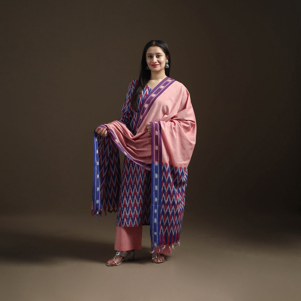 Pochampally Ikat Cotton Long Kurta with Palazzo & Dupatta Suit Set for Women 13