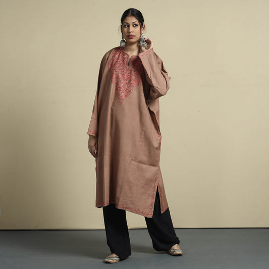 Brown - Aari Embroidery Kashmiri Merino Wool Pheran