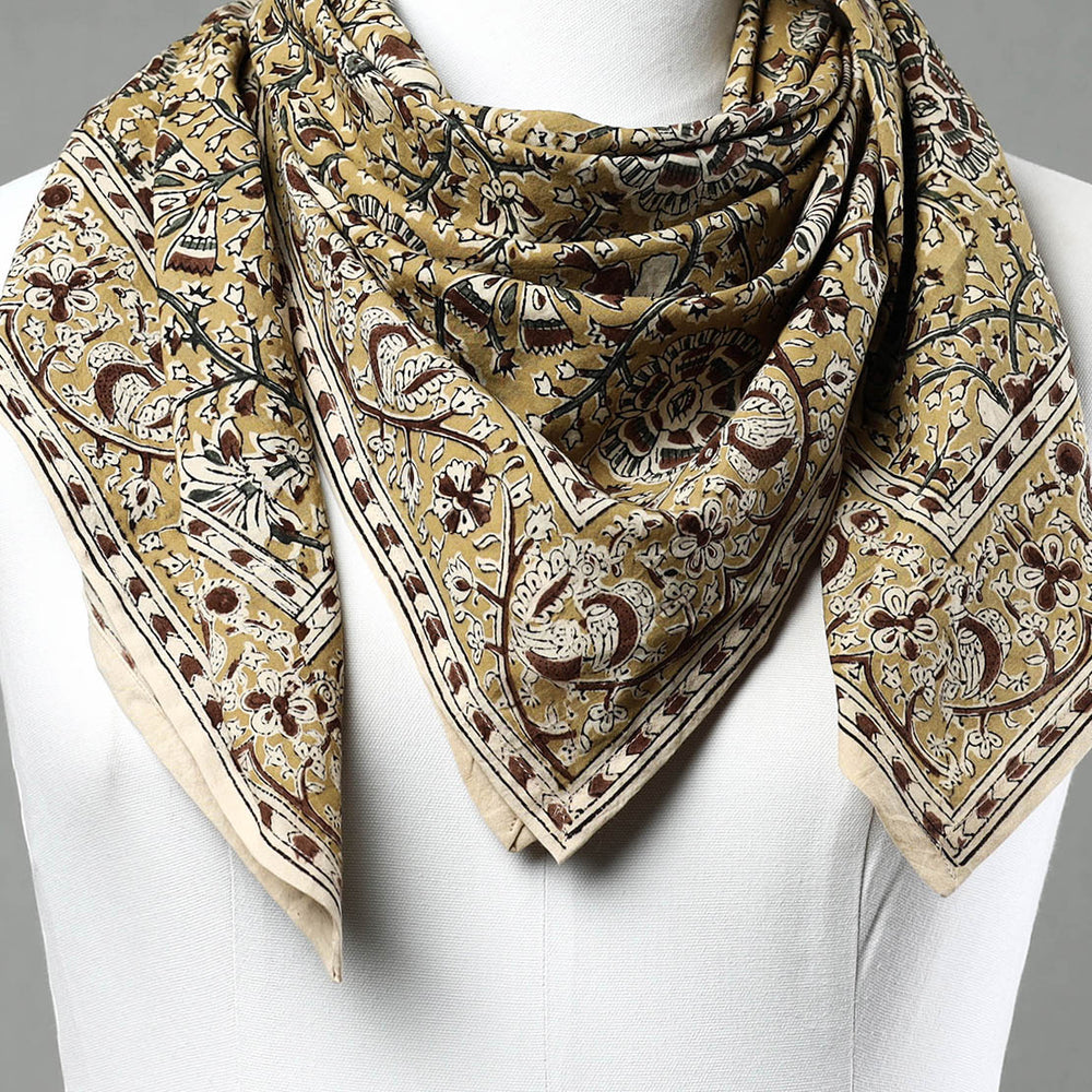 Yellow - Pedana Kalamkari Block Printed Natural Dyed Cotton Scarf 32