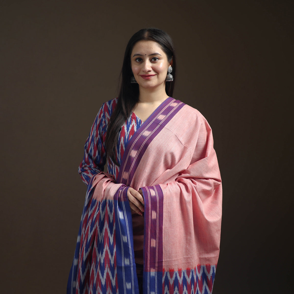 Pochampally Ikat Cotton Long Kurta with Palazzo & Dupatta Suit Set for Women 13