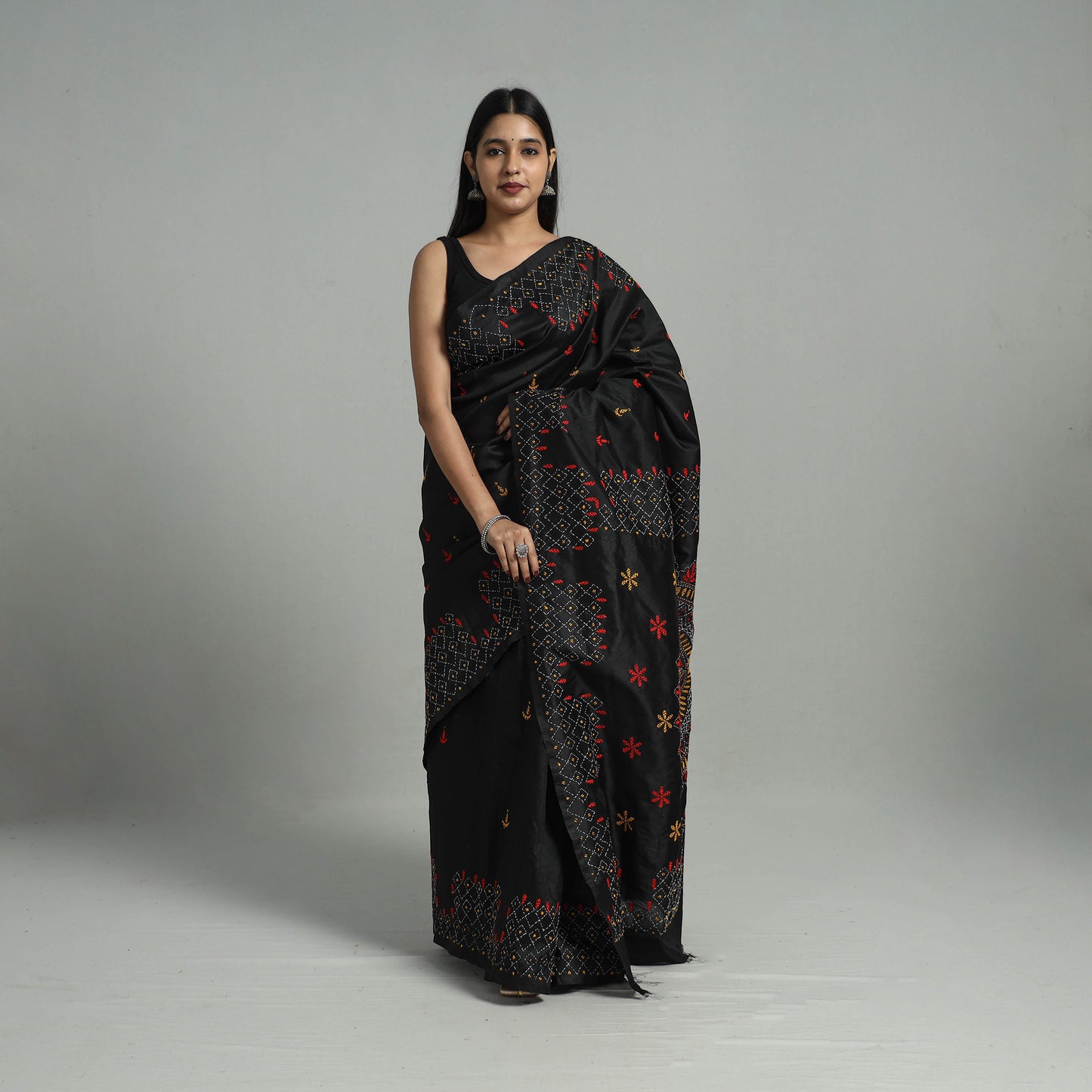 Black - Handcrafted Bengal Nakshi Kantha Work Silk Saree 31