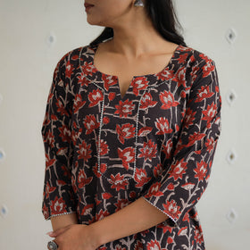 Red Block Printed Cotton Gota Work Long Bagru Kurta