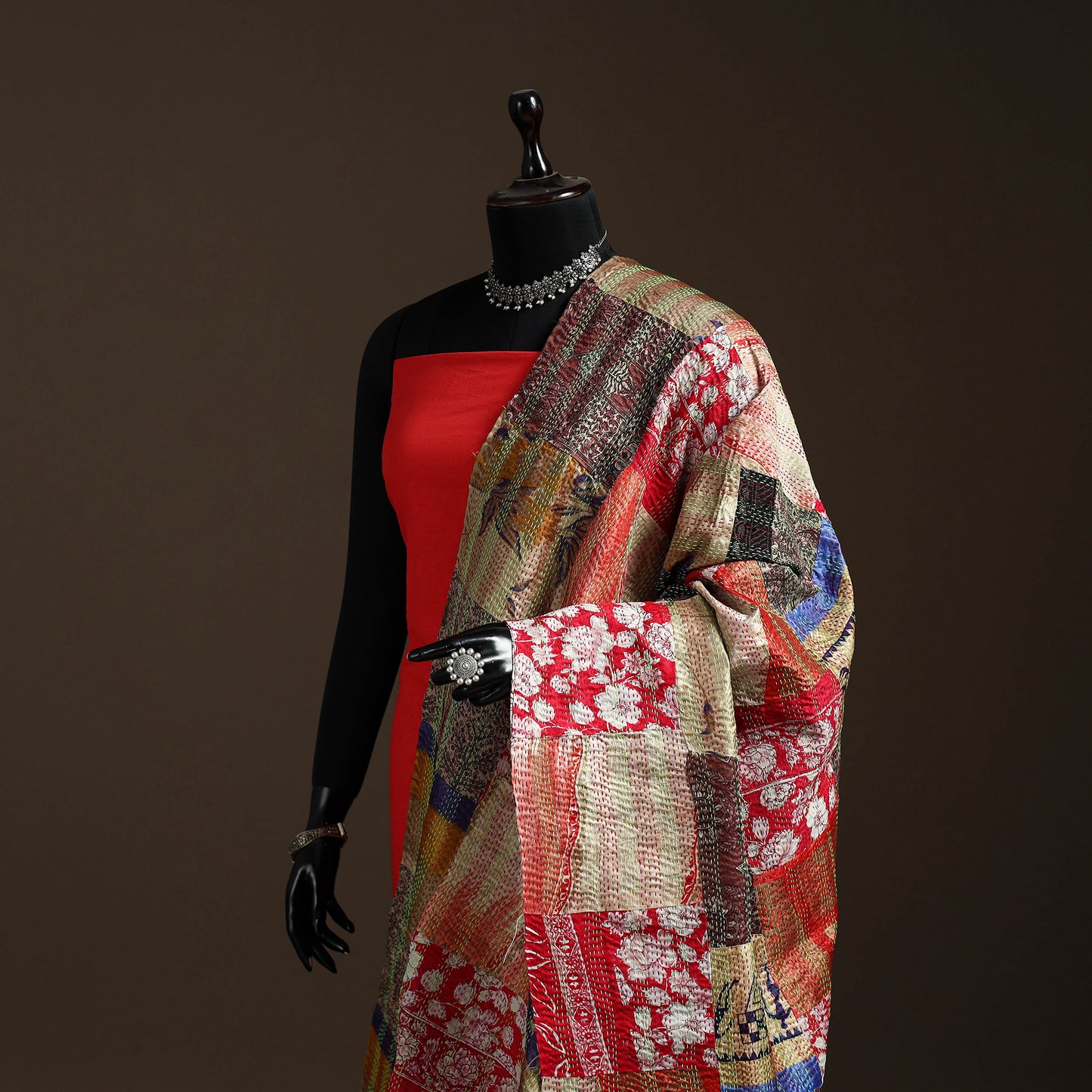 Multicolor - Bengal Hand Embroidery Patchwork Reversible Silk Kantha Dupatta 46