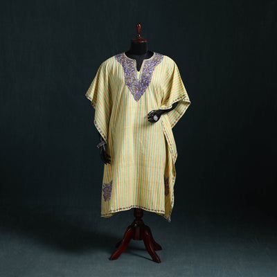 Yellow - Kashmiri Kashida Hand Embroidered Cotton Kaftan (Medium) 02