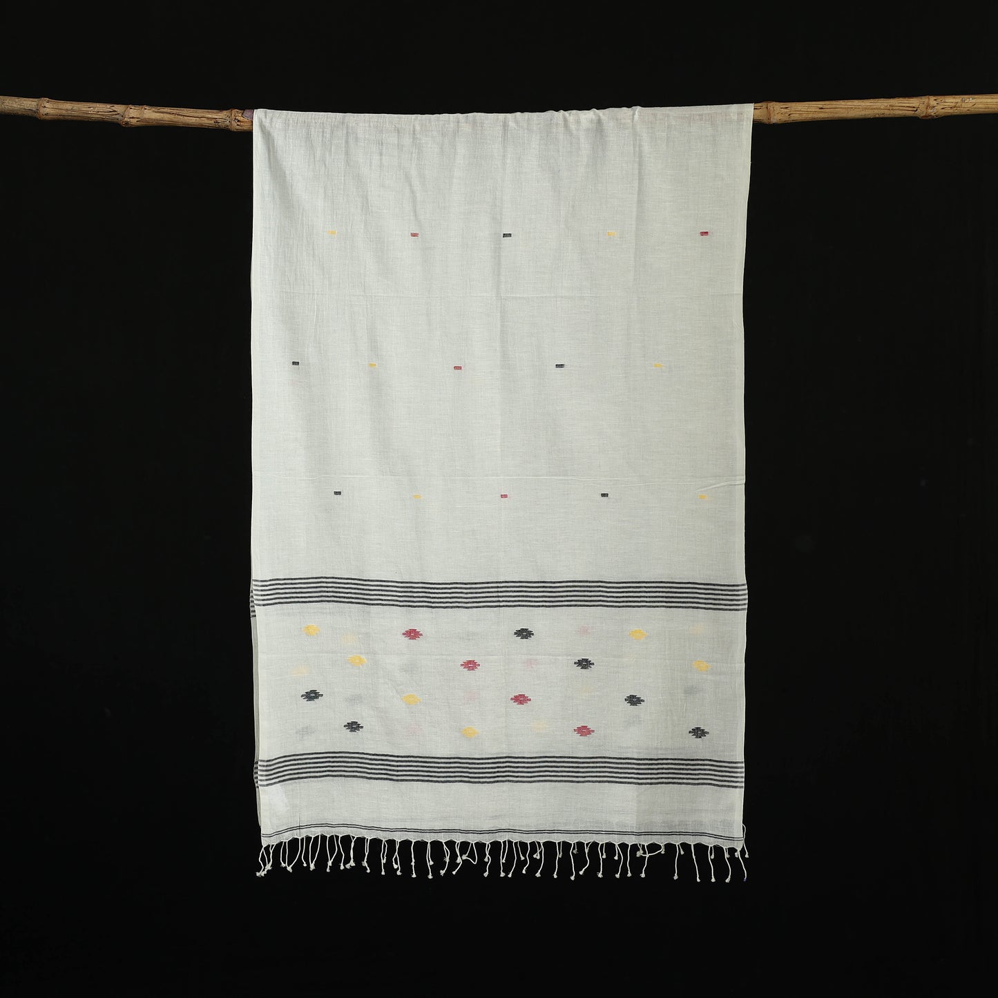 White - Burdwan Jamdani Handloom Cotton Stole with Tassels 05